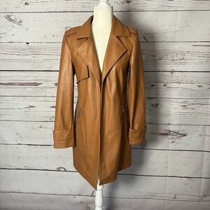 Bagatelle Trench Coat Womens Sz S Brown Open Front Mid Length Exaggerated Collar